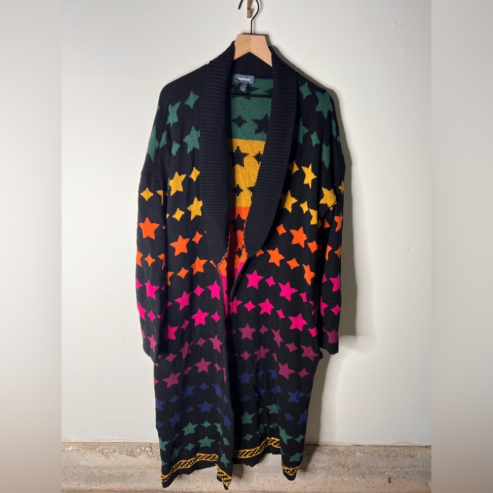Modcloth Stars Duster Black Rainbow Long Cardigan Belted Stardom Retro XL Rare - Picture 2 of 7